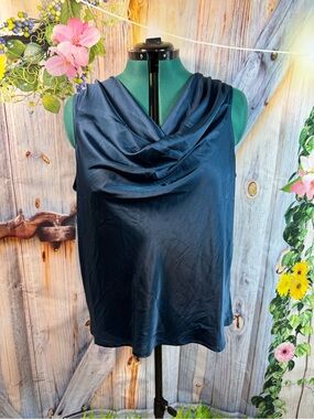 839-Navy Satin Draped Cowl Neck Sleeveless Camisole